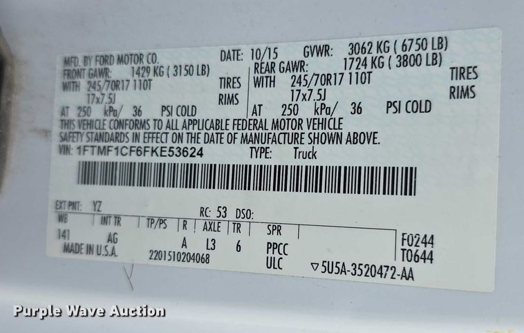 image for item FI0560 2015 Ford F150 XL pickup truck