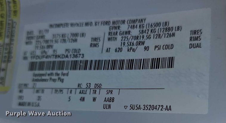 image for item FI0568 2019 Ford E450 Super Duty ambulance