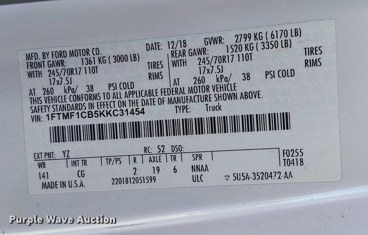 image for item DJ7889 2019 Ford F150 pickup truck