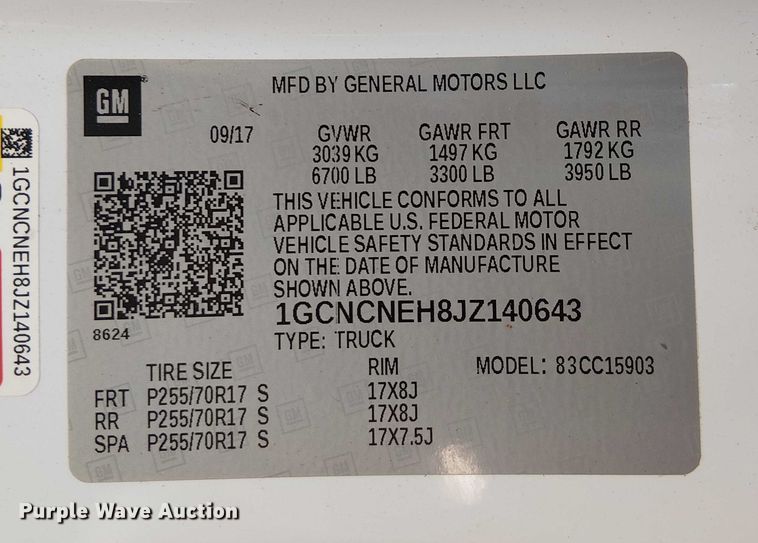 image for item DJ7890 2018 Chevrolet Silverado 1500 pickup truck