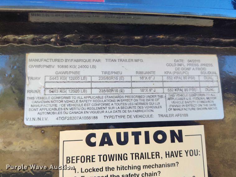 image for item DP5083 2010 Titan AF6188 tilt deck equipment trailer