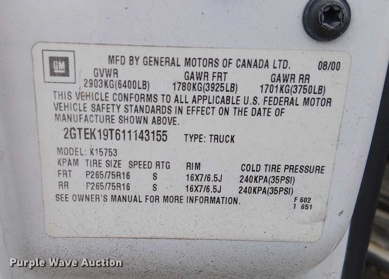 image for item DU3623 2001 GMC Sierra 1500 Ext. Cab pickup truck