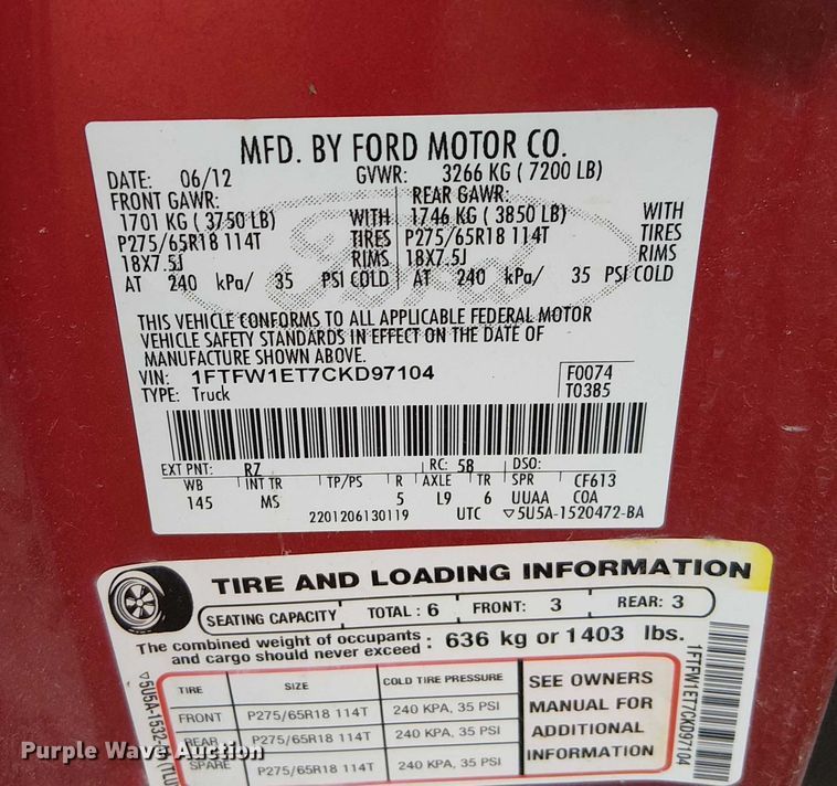 image for item DU3627 2012 Ford F150 SuperCrew pickup truck