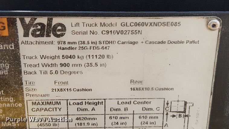 image for item DU3629 Yale GLC060VXNDSE085 forklift