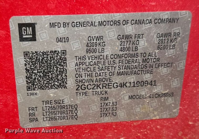 image for item EB2869 2019 Chevrolet Silverado 2500HD Double Cab pickup truck