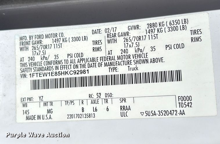 image for item EC3883 2017 Ford F150 SuperCrew pickup truck