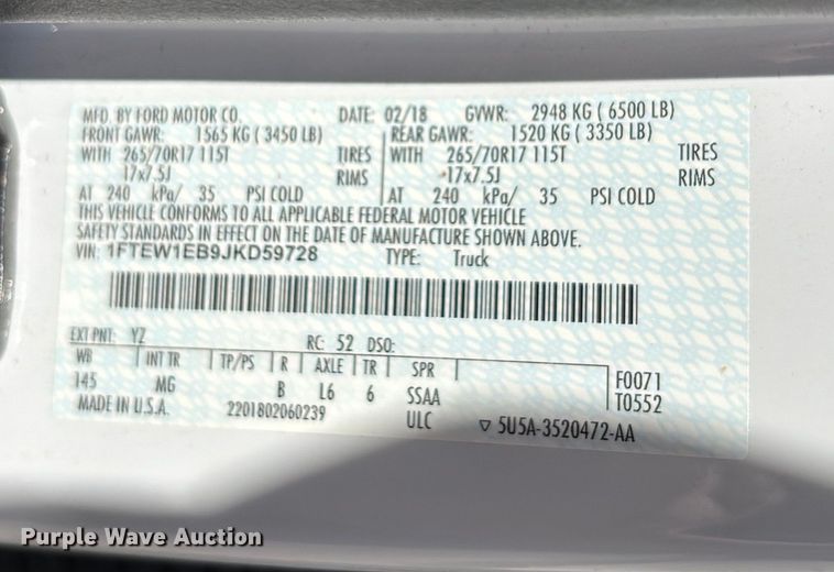 image for item EC3884 2018 Ford F150 SuperCrew pickup truck