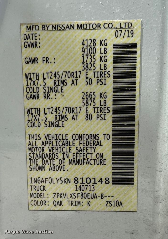 image for item EC3890 2019 Nissan NV2500HD van