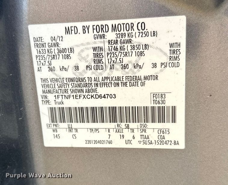 image for item EL0071 2012 Ford F150 pickup truck