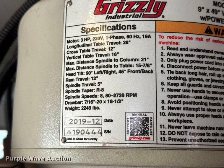 image for item EN0541 2019 Grizzly G0796 milling machine