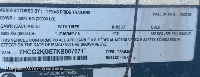 image for item EP0754 2019 Texas Pride EQ722214KGN equipment trailer
