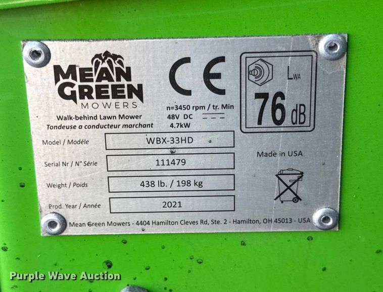 image for item ER0199 2021 Mean Green WBX-33HD push mower