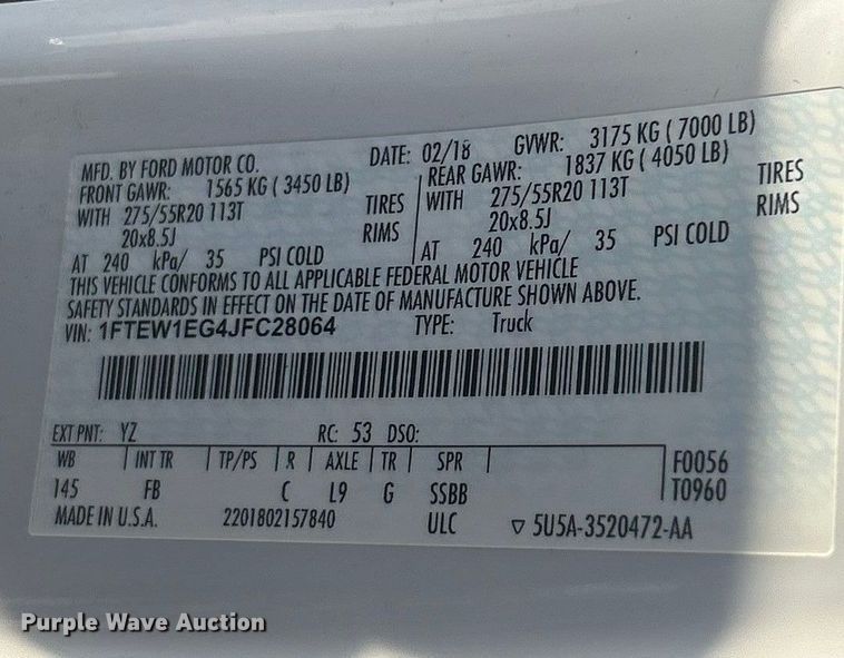 image for item ET3390 2018 Ford F150 XLT SuperCrew pickup truck