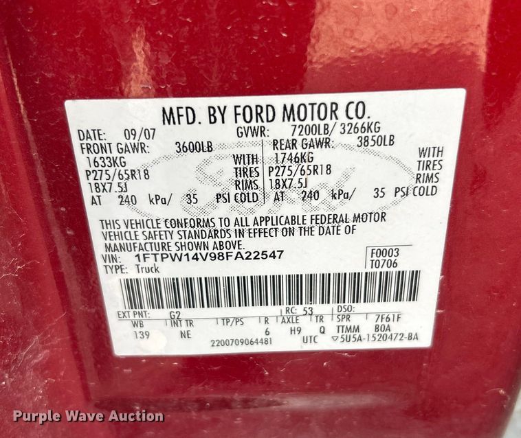 image for item ET3391 2008 Ford F150 XLT SuperCrew pickup truck