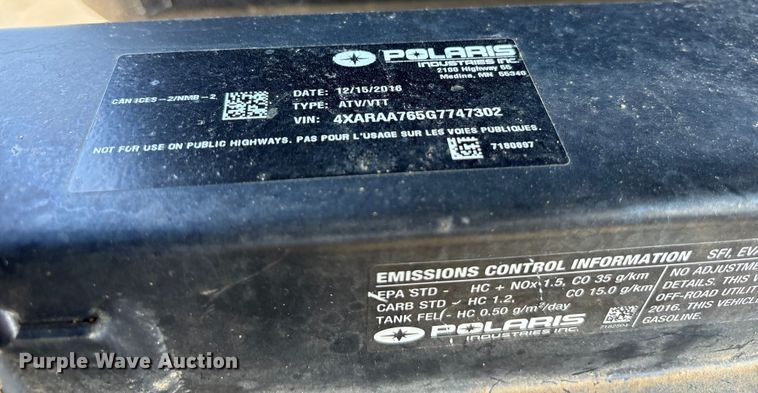 image for item ET7164 2016 Polaris Ranger utility vehicle