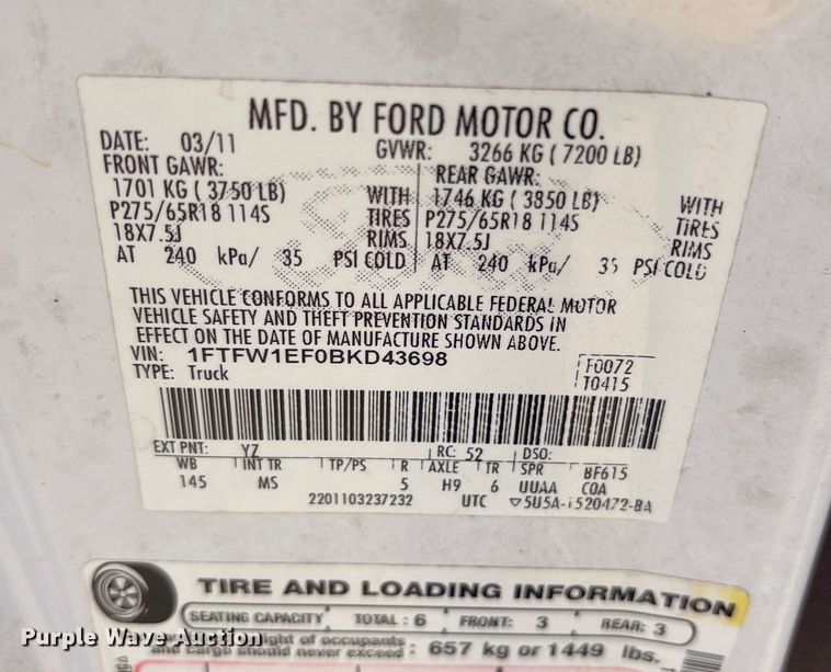 image for item ET7171 2011 Ford F150 SuperCrew pickup truck