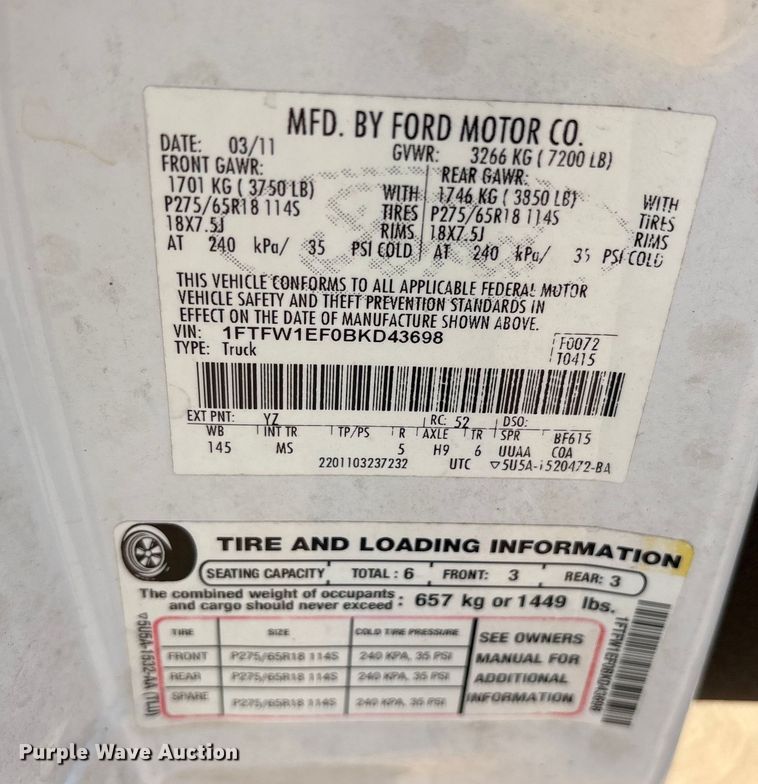 image for item ET7171 2011 Ford F150 SuperCrew pickup truck