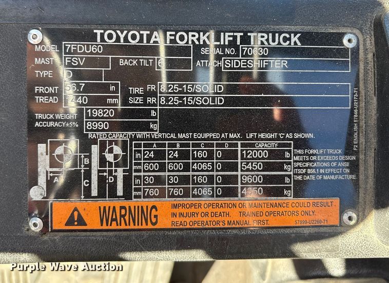 image for item ET8592 2012 Toyota 7FDU60 forklift