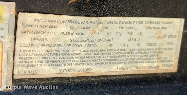 image for item EU5089 2020 Hull Porter equipment trailer