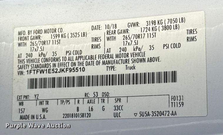 image for item EU5179 2018 Ford F150 XL SuperCrew pickup truck