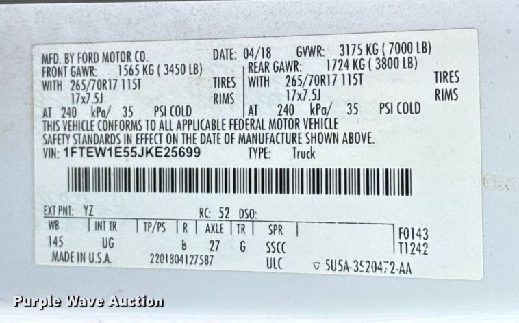 image for item EU5180 2018 Ford F150 XLT SuperCrew pickup truck