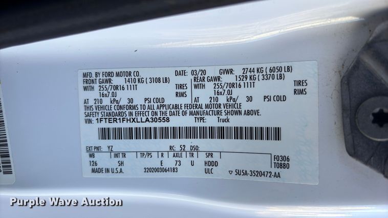 image for item EU7041 2020 Ford Ranger XL SuperCab pickup truck