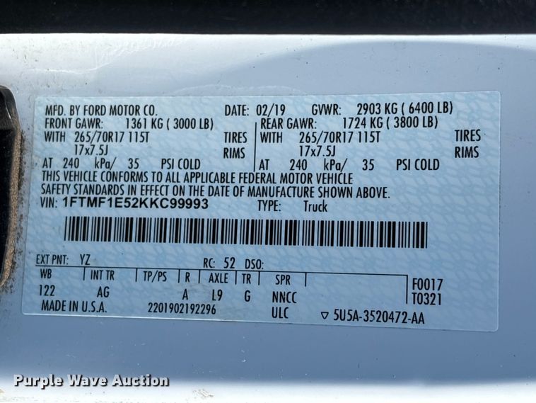 image for item EU7042 2019 Ford F150 XL pickup truck