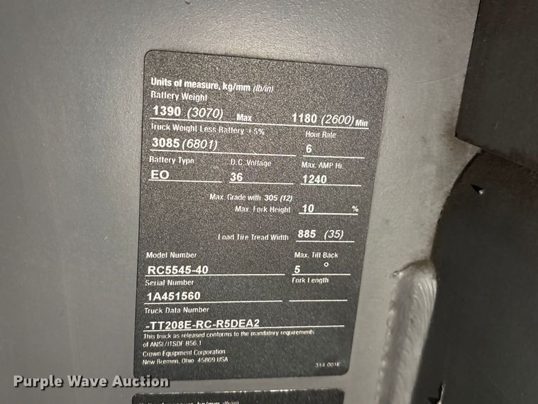 image for item EU8522 2016 Crown RC5545-40 forklift