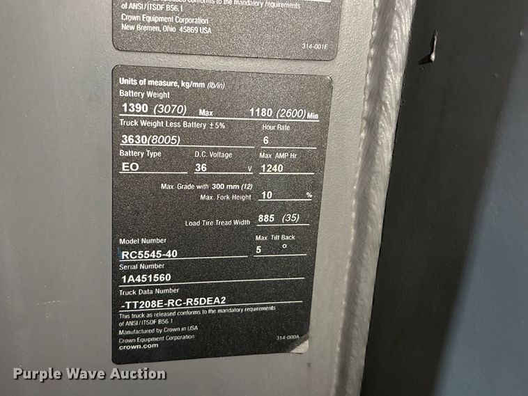 image for item EU8522 2016 Crown RC5545-40 forklift