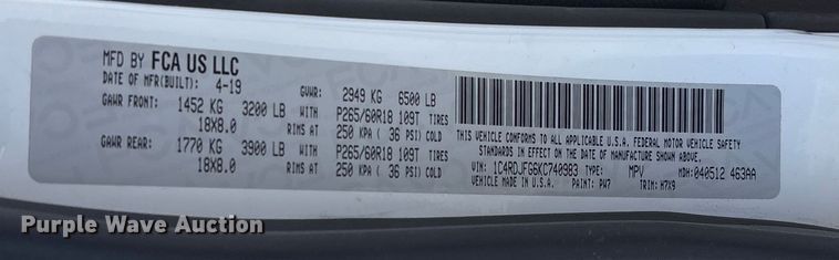 image for item EV2502 2019 Dodge Durango SSV SUV