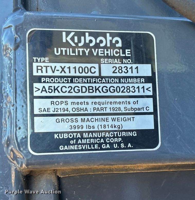 image for item EV3189 2016 Kubota RTV-X1100C utility vehicle