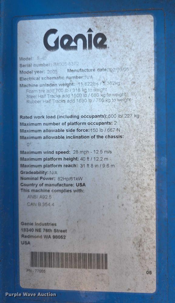 image for item FI0579 2005 Genie S-40 boom lift