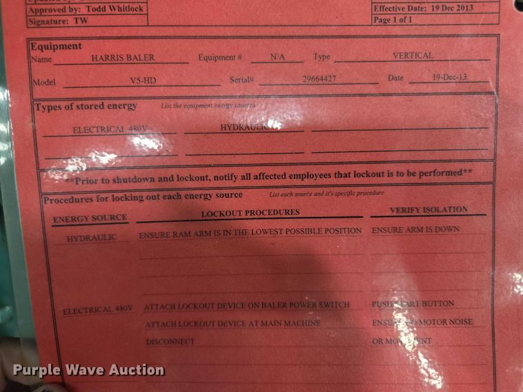 image for item FI0583 2013 Harris V5HD carboard baler