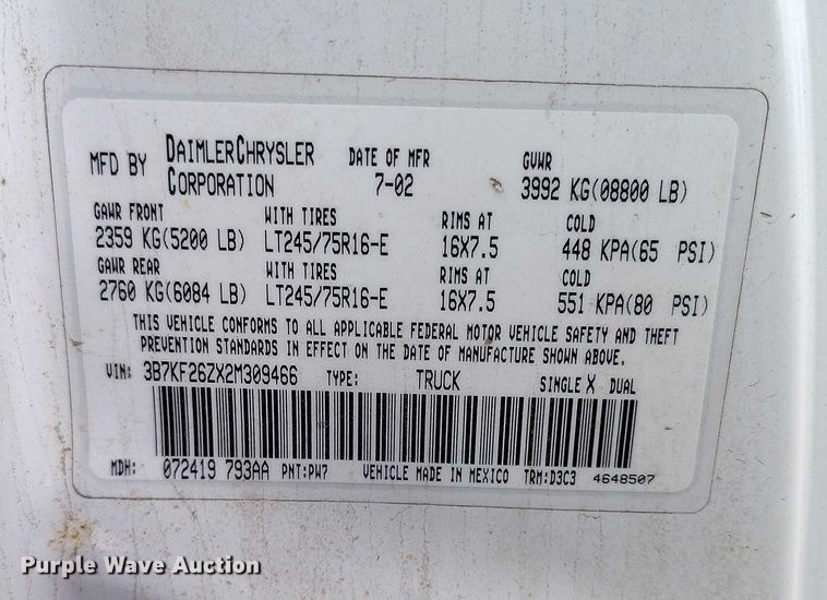 image for item IP9722 2002 Dodge Ram 2500 SLT pickup truck