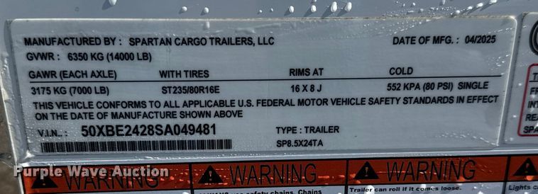 image for item NU9690 2025 Spartan SP8.5X24TA enclosed cargo trailer
