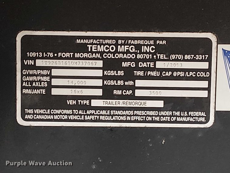 image for item NU9738 2013 Temco Mfg. Inc. flatbed trailer