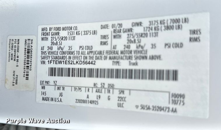 image for item OJ9931 2020 Ford F150 STX SuperCrew pickup truck