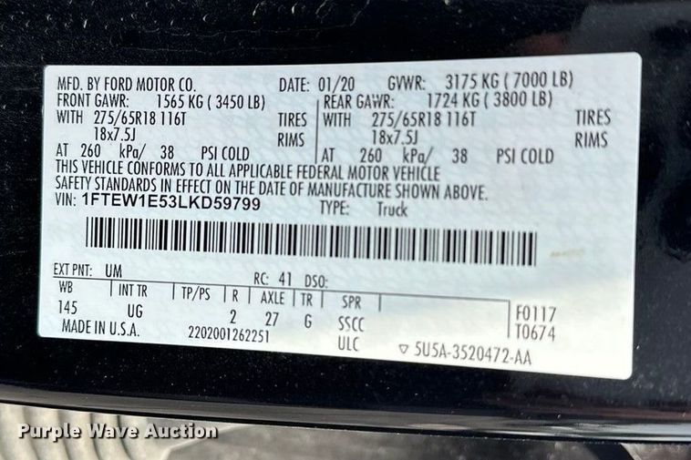 image for item OJ9932 2020 Ford F150 XLT SuperCrew pickup truck