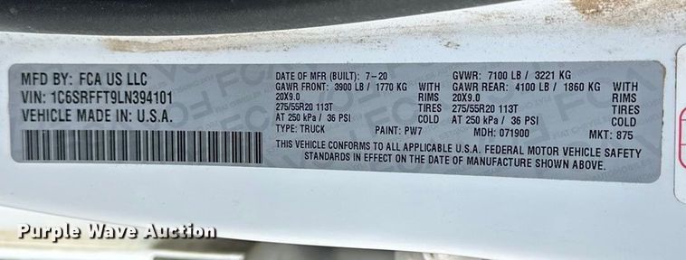 image for item OJ9933 2020 RAM 1500 Big Horn Crew Cab pickup truck