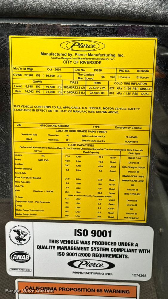 image for item YA1350 2007 Pierce Enforcer pumper fire truck