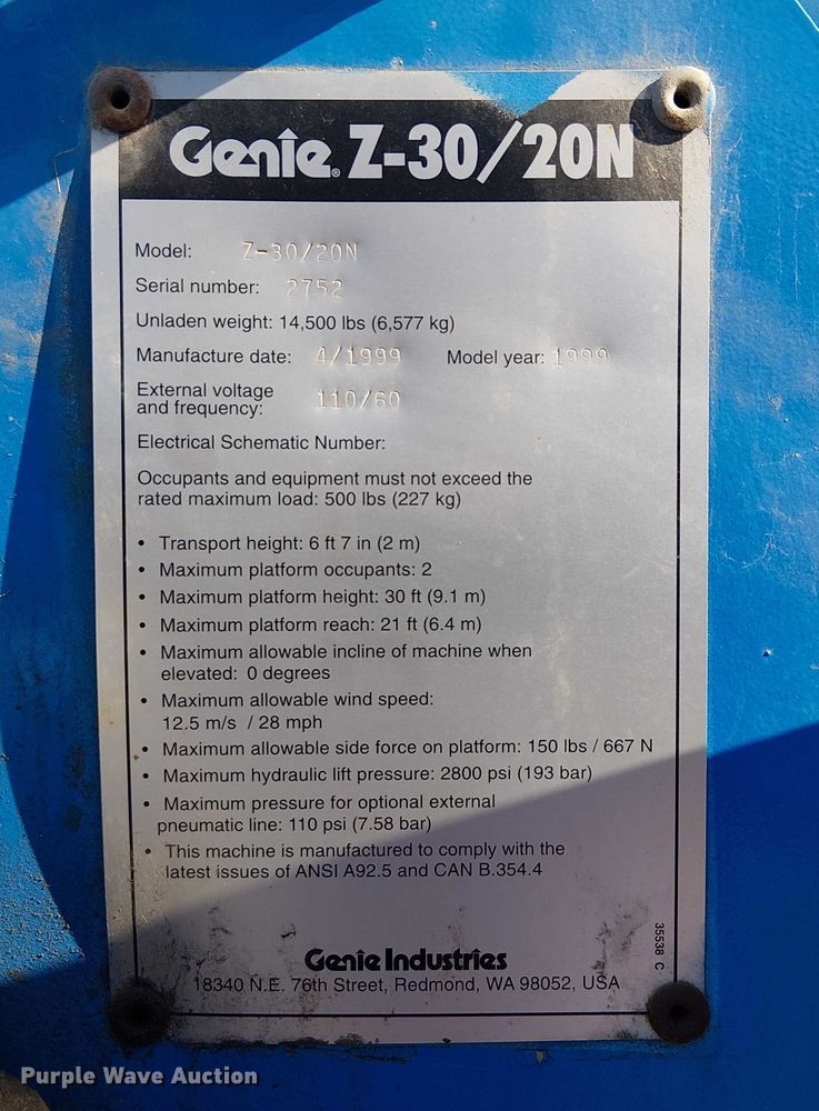 image for item DJ7892 1999 Genie Z-30/20N boom lift