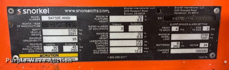 image for item DK0109 2020 Snorkel S4732E scissor lift