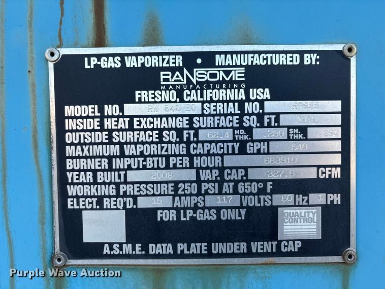 image for item DU1489 2008 Ransome Manufacturing RW 540 EI LP gas vaporizer