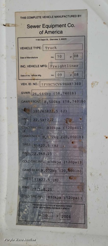 image for item DX6550 2009 Freightliner Business Class M2 800 HPR Truck Jet sewer jetter truck