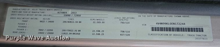 image for item DY1231 2014 Volvo VNL semi truck