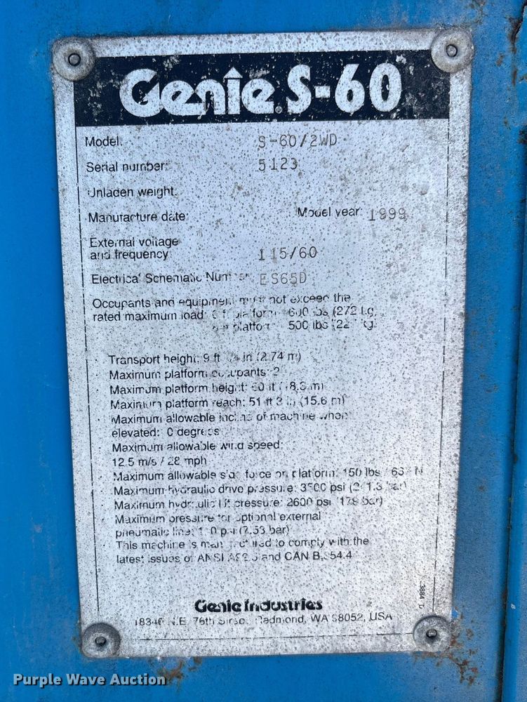 image for item EC3871 1999 Genie S-60 boom lift