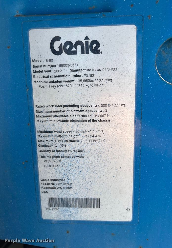 image for item EC3873 2003 Genie S-80 boom lift