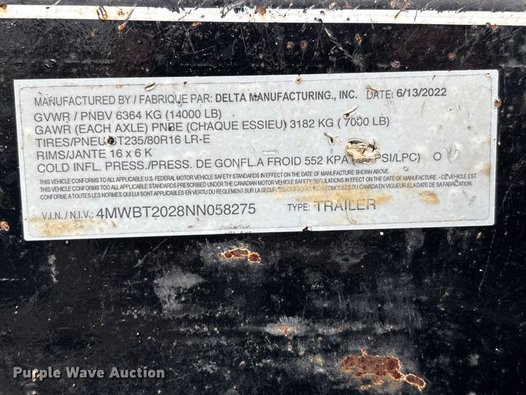 image for item EJ7699 2022 Delta tilt deck utility trailer