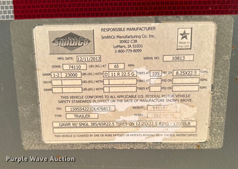 image for item EM2451 2013 SmithCo Manufacturing SX2-42-34 side dump trailer