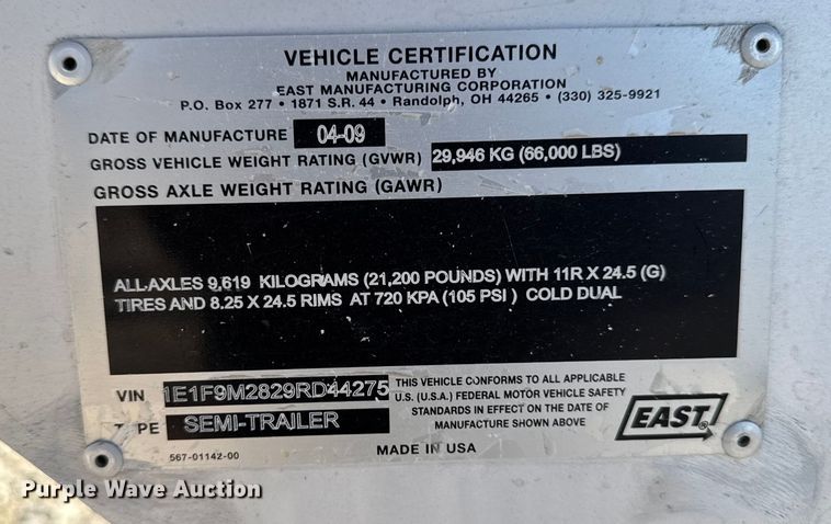 image for item EM2458 2009 East Manufacturing Corp. end dump trailer